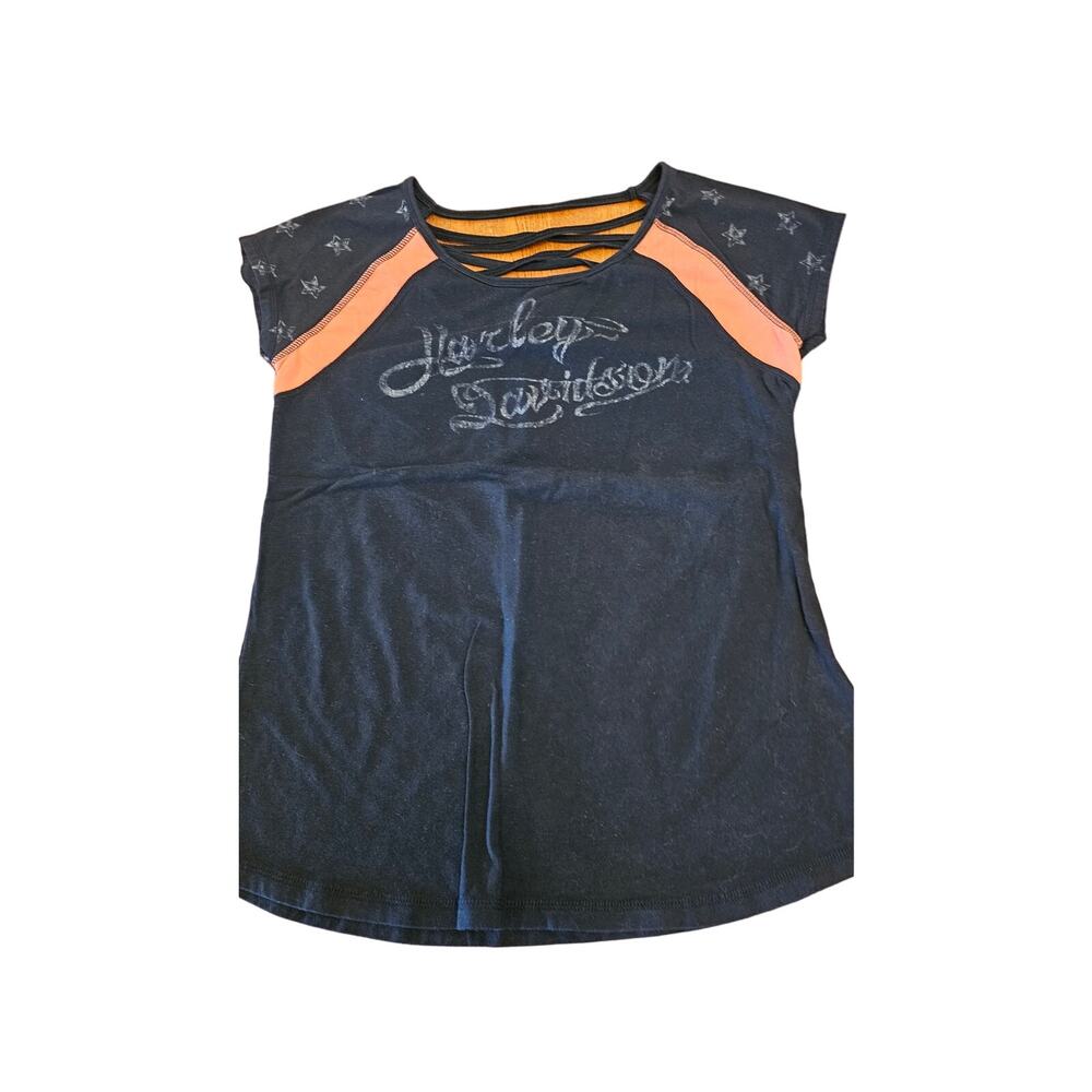Harley Davidson size large graphic shirt stars on sleeves/straps across back